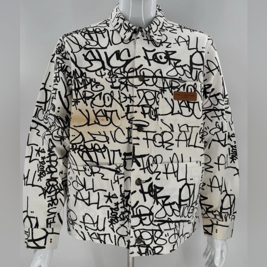 Supreme Comme Des Garcons Shirt Printed Canvas Chore Coat 2018 Mens L Stained